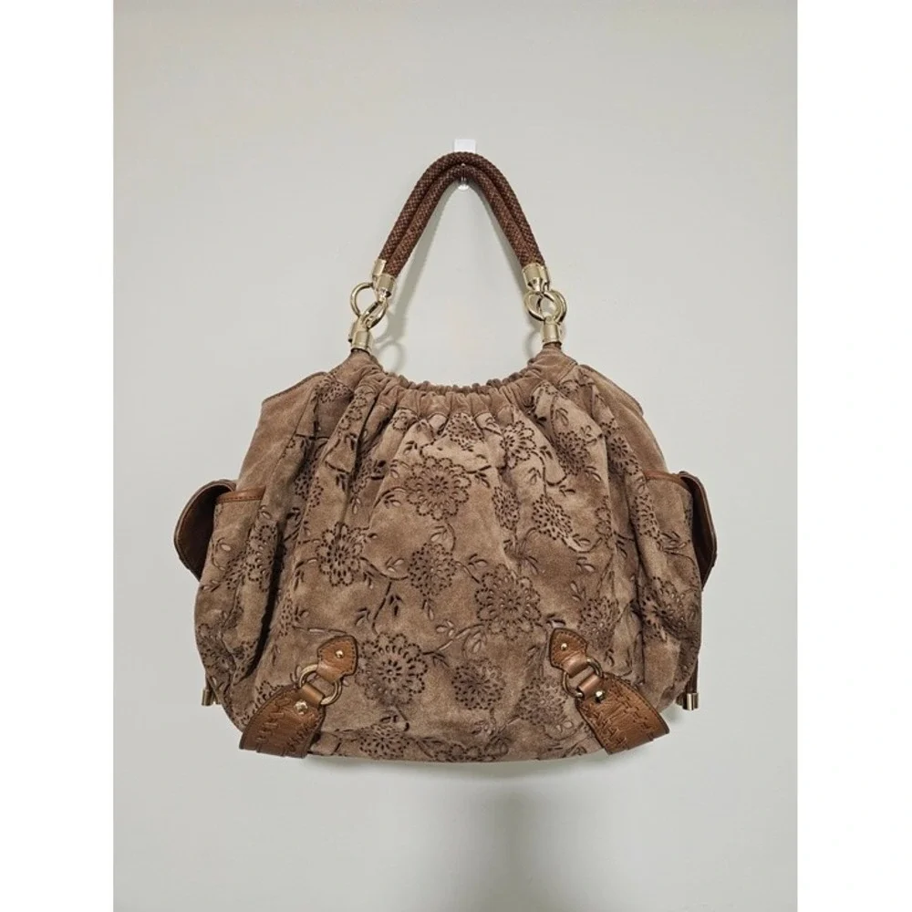 Cole Haan Brown Floral Embossed Suede Hobo Bag
